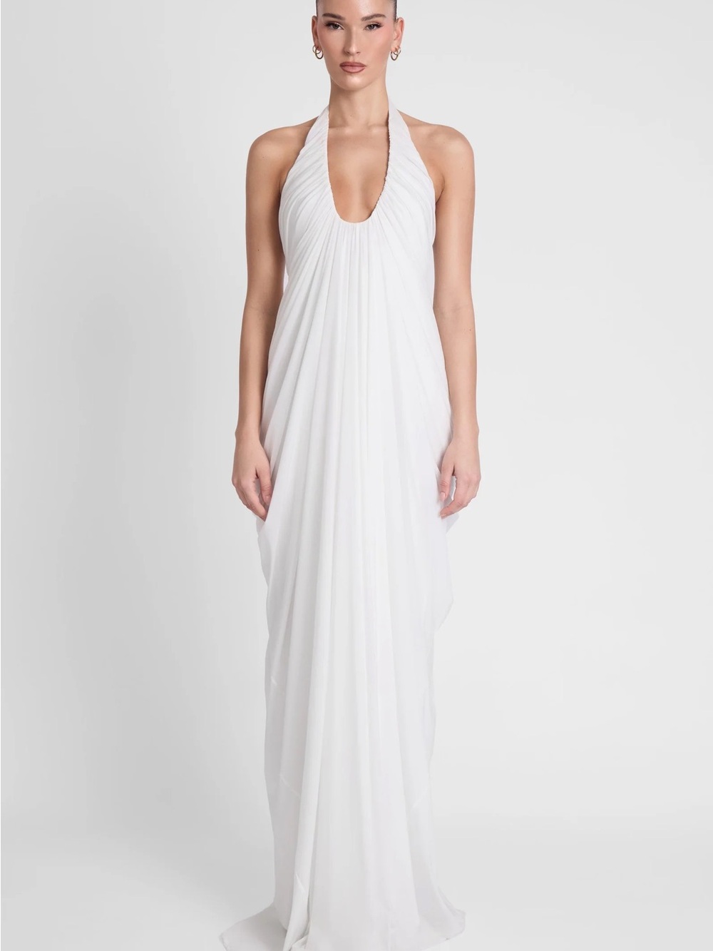 White Halter Maxi Gown with Draped Front